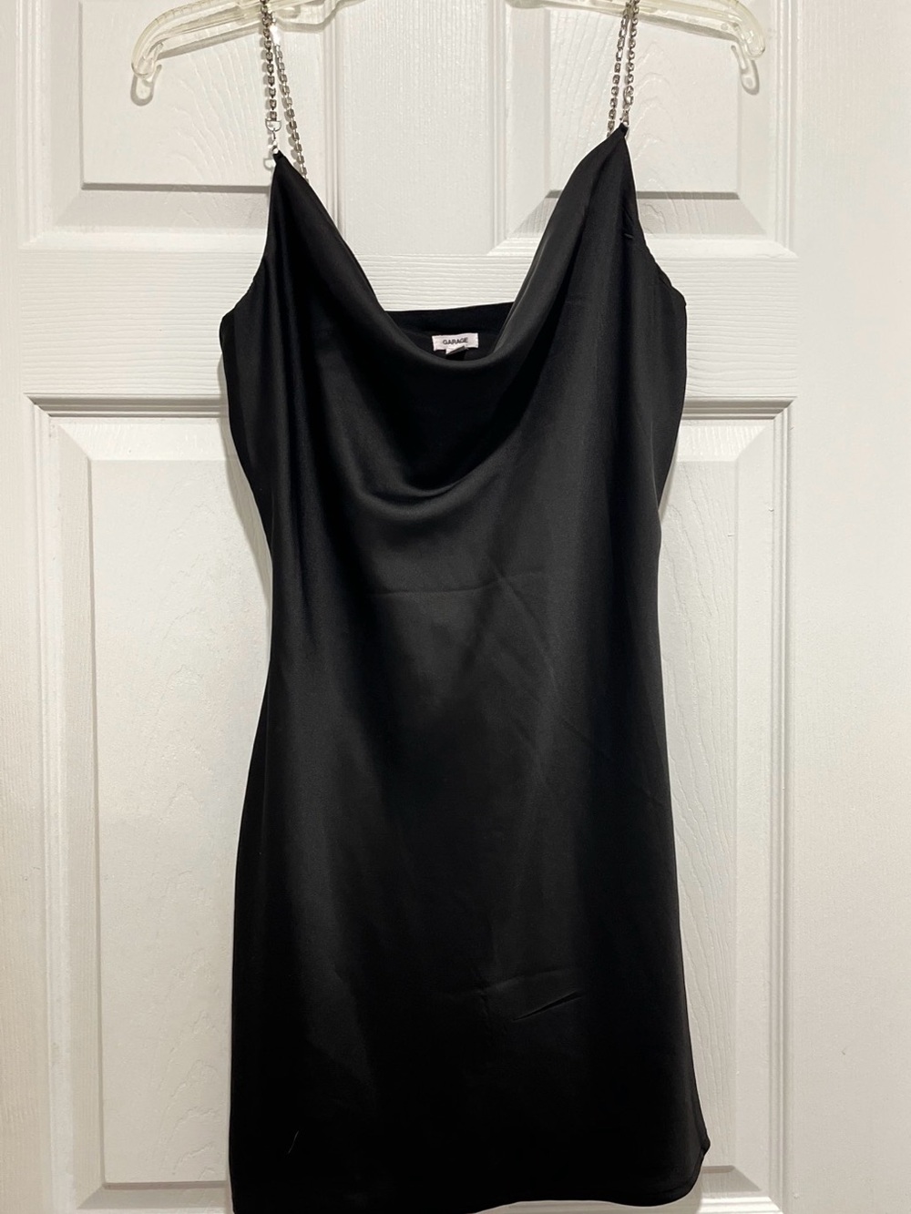 Garage Black Satin Cowl Neck Mini Dress with Chain Straps